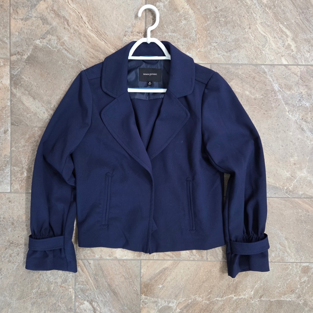 Banana Republic Cropped Blazer Jacket Career Cuff Sleeve Blue M